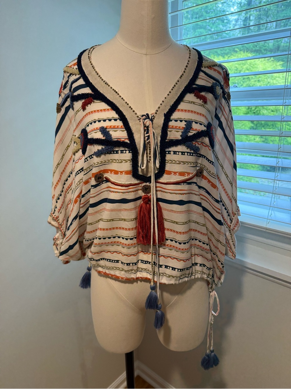 Skemo Cream Striped Peasant Top with Navy and Rust Tassels